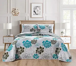 Masterplay 3-Piece Fine Printed Oversize (100inch X 95inch) Quilt Set, Bedspread Coverlet Queen Size Bed Cover (Grey with Black, Turquoise Blue Floral),Oversize Queen