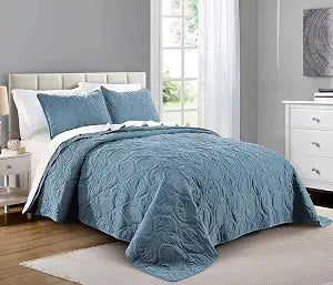 Pure Bedding Quilt Set King/Cal King/California King Size Ash Blue - Oversized Bedspread - Microfiber Coverlet - Includes 1 Quilt and 2 Shams, Ocean Star Pattern