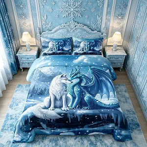 Manfei Dragon Wolf Kids Comforter Set Full Size,Winter Snow Mountain Pine Tree Bedding Set,Boys Girls Room Decor,Hunting Wildlife Western Animal Down Comforter,Blue White Duvet Insert,2 Pillowcases