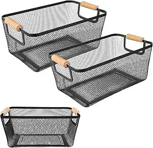2 Pack 12" Wide Metal Mesh Baskets with Bamboo Handles for Pantry Organization | Wire Storage Bins for Kitchen, Cabinet, Fruit & Snacks | Decorative Farmhouse Style Organizer