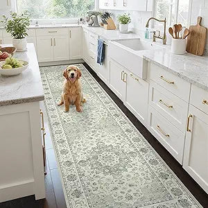 3x10 Non Slip Hallway Runner Rug - Washable Vintage Distressed Kitchen Carpet, Ultra-Thin Soft Low Pile Entryway Mat with Rubber Backing for Bedroom Living Room (Green)