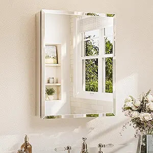 TETOTE 20 x 26 Bathroom Mirror with Storage with Tempered Beveled Mirror Silver Medicine Cabinet Aluminum Cabinet DTC Hinges, Stepless Adjustable Shelves, Recessed/Surface-Mounted