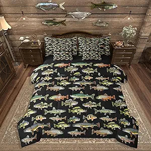 Erosebridal Kids Fishing 7 Piece Queen Comforter Set, Retro Black Pike Fish Bedding Sets for Teens Men, Fishing and Hunting Bedding Comforter Sets, Vintage Rustic Animals Bed in a Bag Bed Sheets Set