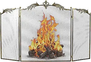 WICHEMI Fireplace Screen 3 Panel Folding Fireplace Screens 50.4 x 32.3 Inch Metal Furnace Fireguards Mesh Cover Baby Safe Proof Fence Spark Guard Cover Wrought Iron Fire Place Standing Gate (Style 2)