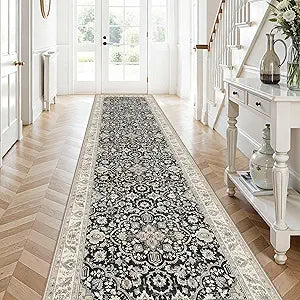 Non Slip Runner Rug for Hallway Long Carpet Runners 3x12 Black Beige - Soft Thin Washable Stain and Spill Resistant for Wide Entryway Laundry Room - Distressed Vintage Kitchen Rugs