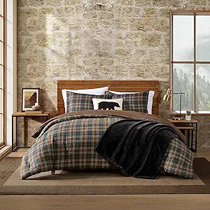 Eddie Bauer - Queen Comforter Set, Soft & Smooth Printed Bedding with Solid Reverse, 3 Piece Bed Set with Matching Pillowcases (Huntley Plaid Brown)