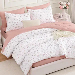 Andency Floral Full Comforter Set, 7 Pieces Cute Blush Pink Bedding Sets, Coquette Cottagecore Flower Dorm Bedding, Soft Lightweight Comforter with Sheets, Pillowcases & Shams for Teen Girls