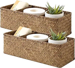 StorageWorks Toilet Paper Baskets for Shelves, 3-Section Wicker Baskets Storage, Back of Toilet Basket for Tank Topper, Counter, Pantry, Living Room Decor, 2 Pack Seagrass Basket