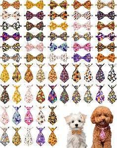 PET SHOW 60 Pack Halloween Small Dog Collar Bow Ties and Neck Ties Bulk Puppy Cats Adjustable Bowties for Medium Dogs Pumpkin Ghost Bowknots Holiday Party Ties Pet Grooming Accessories