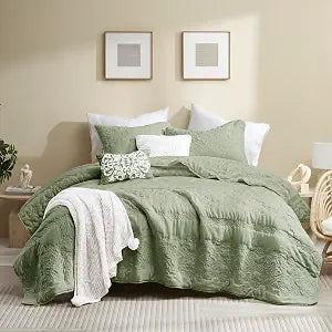 Boho Sage Green Quilt Queen Size Bedding Sets with Pillow Sham, Bohemian Lightweight Soft Bedspread Coverlet, Farmhouse Floral Vintage Thin Comforter Bed Cover All Season, 3 Pieces, 90x90 inches