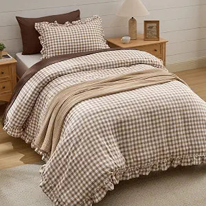 Bedsure Brown Gingham Ruffle Duvet Cover Set, Cotton-Like Quilt Cover, Twin