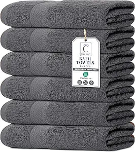 Large Bath Towels Set of 6  100% Cotton Terry  24" x 50"  Quick Dry, Soft & Highly Absorbent  Grey Towels for Bathroom, Gym, Spa, Pool & Daily Use