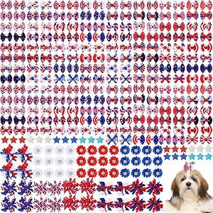 Kacctyen 300 Pcs 4th of July Patriotic Dog Bows Bulk with Rubber Bands Red White Blue Flower Pet Hair Accessories Independence Day Grooming Dog Bows for Small Medium Puppy Yorkie Cat
