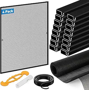DIY Window Screen Frame Kit 4 Pack, Cut-to-Size 46" Aluminum Frame with Heavy Duty 46"x197" Mesh for Window Screen Replacement, Includes All Tools & Hardware for Windows, Patio, Porch, Black