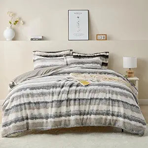 Simple&Opulence Fluffy Faux Fur Duvet Cover Set 3 Pcs Queen Size, Ultra Soft Velvet Plush Shaggy with 2 Standard Pillowcases Warm Comforter Cover for Winter - Grey Stripes Pattern, Queen