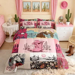 Manfei Cowgirls Comforter Set Full Size, Western Cowboy Bedding Set 3pcs for Kids Boys Girls Bedroom Decor, Cowboy Boots Horse Paisley Down Comforter Soft Polyester Quilt Set with 2 Pillowcases