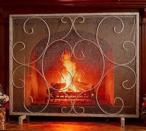 Kingson Single Panel Decorative Fireplace Screen Stand Alone Cover Handcrafted Durable Metal Mesh, Heat-Resistant Free Standing Fire Spark Guard Mesh 37.8" L x 8.8" W x 30.7" H Pewter