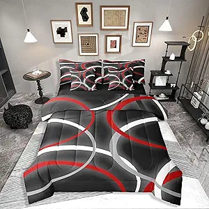 Erosebridal Red Circle Geometric Black Grey Comforter Set Queen Size 7 Pieces | Abstract Modern Art Bed in A Bag Aesthetic Swirls Stripes Bed Set Girls Women Kids Adults Bedding