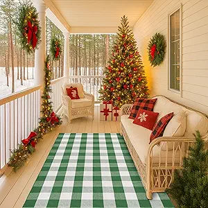 Christmas Green & White Plaid Rug - 4' x 6' Outdoor Front Door Decor Mat Cotton Washable Hand-Woven Rug Christmas New Year Holiday Porch Entryway Layered Doormat