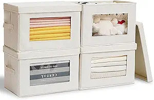 4-Pack Storage Bins with Lids & Clear Window, Foldable Fabric Closet Organizer Boxes, Stackable Cube Baskets with Soft Handles for Clothes & Blankets, 15", Beige