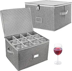 LotFancy Stemware Storage Container for Moving, Hard Shell, 2 Pack, Stackable Wine Glass Storage Box with Dividers & Handles, Crystal Glassware, Champagne Flute, Drinkware Case, Gray