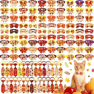 Talltalk 120 Pcs Thanksgiving Dog Bows Ties Fall Dog Bowtie Collar Adjustable Maple Leaf Pumpkin Puppy Bow Pet Neckties for Thanksgiving Day Fall Autumn Party Grooming Accessory