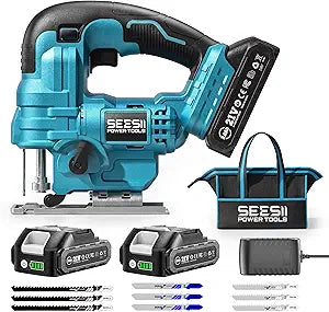 SEESII Jig Saw, Cordless Jigsaw Tool with 22.0Ah Batteries and Charger, 45 Bevel Cuts, 4 Orbital Action for Wood Cutting, Variable Speed, Mini Jigsaw with 9 Blades, LED Light, Lock, Storage Bag