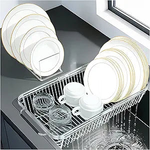Dish Drying Rack Over The Sink, Stainless Steel Dish Racks for Kitchen Counter, Expandable Drainer for Kitchen Sink Organizer, 2-in-1 Extend Drain Basket and Plates Holder for Utensil Storage