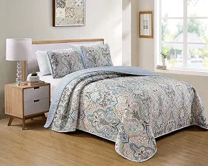 Kids Zone Home Linen Bedspread Set Damask Pattern Light Blue White Beige and Brown New (King/California King)