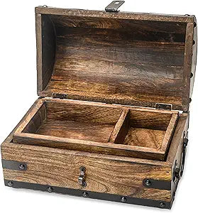 Happenings Treasure Chest Box with Removable Tray, Wooden Treasure Box for Storage, Keepsakes & Jewelry, Vintage Pirate Chest Decor, Solid Hardwood Decorative Storage (Small - 10x6x6 inches)