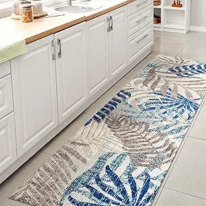 JONATHAN Y Tropics Palm Leaves Indoor Outdoor Runner Rug 2X8 Gray/Blue, Boho for Backyard, Patio, Porch, Easy-Cleaning, High Traffic, Pet-Friendly, Non-Shedding (AMC100A-28)