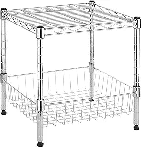 Whitmor 2-Wire Shelving Unit, Metal Storage Shelves, Stacking Shelf with Basket, Easy Assembly Home Organizer for Pantry, Kitchen, Garage, Plant