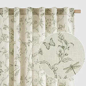 Lazzzy Charlotte Linen Farmhouse Curtains Green Floral Curtains 63 Inch Length Back Tab Drapes for Living Room Bedroom Light Filtering Country Vintage Rod Pocket Curtain, 2 Panels, Green on Beige
