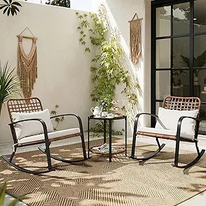 3 Pieces Patio Bistro Set, Outdoor Rocking Chairs with 2-Tier Coffee Table, Boho Handwoven Rattan Porch Conversation Set, 2-Seater Small Space Balcony Set with Cushions