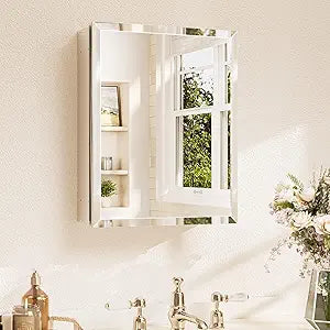 TETOTE 16 x 20 Bathroom Mirror with Storage with Tempered Beveled Mirror Silver Medicine Cabinet Aluminum Cabinet DTC Hinges, Stepless Adjustable Shelves, Recessed/Surface-Mounted