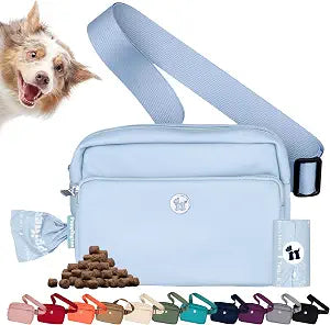 Puppington 3-in-1 Crossbody Dog Walking Bag & Treat Pouch with Matching Planet Safe Poop Bags & Built-In Dispenser - Dog Mom Gift for Puppy Training with Zippered Pockets (Ice Blue)