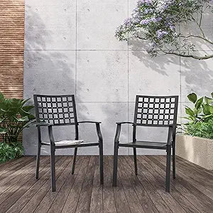 NUU GARDEN Patio Dining Chairs Set of 2, Stackable Outdoor Dining Chairs with Armrests, Wrought Iron Metal Patio Chairs for Backyard Lawn Deck Porch Poolside Bistro, Black