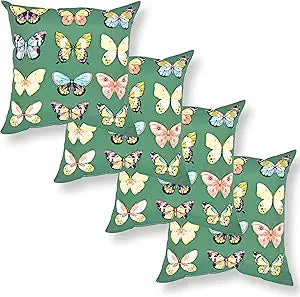 Outdoor Throw Pillows Waterproof Set of 4 18x18 Inches for Sofa, Couch, Bed & Patio Furniture | Green Butterfly Outdoor Pillows with Insert