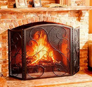 Fire Beauty Fireplace Screen 3 Panel Wrought Iron Metal 48"(L) x30(H) Spark Guard Cover(Black)