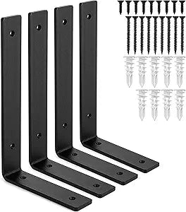 Heavy-Duty Shelf Brackets - Premium Construction Grade 1/4" (6mm) Thick Steel - Matte Black Iron Finish for Modern Farmhouse Rustic Open Shelving w/ Hardware, 4-Pack (L Bracket 10" x 6")