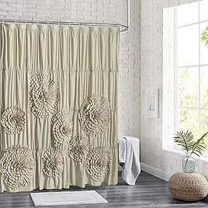 Homechoice Decor 72 x 72 Camel Vintage Ruffled Floral Shower Curtain, Farmhouse Decorative Bathroom Curtain with Ruched 3D Flowers, Cottage Cloth Bath Curtain for Home Decor, Microfiber (LQ-41)