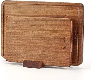 Solid Teak Wood Cutting Board Set One Piece Non Glued Large Thick Crack Resistant Wooden Chopping Board with DeepJuice Grooves Built in Handles for Kitchen Meat Bread 16.9x11.8IN &11.8*7.9IN