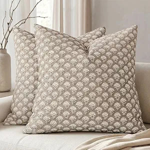 MIULEE Set of 2 Decorative Floral Euro Shams Pillow Covers Neutral Vintage Throw Pillows Block Print Boho Farmhouse Cushion Covers for Modern Home Decor Couch Bed Living Room, 26x26 Inch, Light Taupe