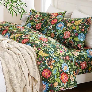 MEISHANG Soft Cooling King Sheet Set - Blend Rayon Derived from Bamboo,1800 Thread Count Floral Bed Sheets Oeko-Tex Certificated 4 Piece - Dark Green