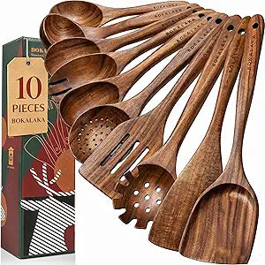 Wooden Spoons for Cooking,10 Pcs Natural Teak Wooden Kitchen Utensils Set Wooden Utensils for Cooking Wooden Cooking Utensils Wooden Spatulas for Cooking (10)