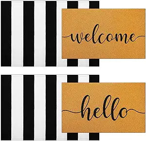 Timgle 4 Pack Hello and Welcome Doormat 30'' x 18'' Black and White Striped Rug 35'' x 24''Front Door Mats for Front Door Farmhouse Outdoor Doormats for Indoor Outside Entryway
