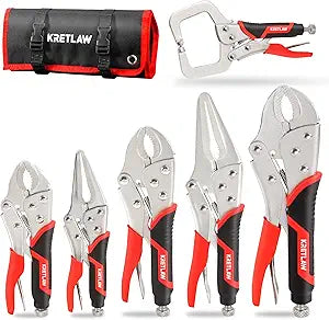 Vice Grips Pliers Set, 6-Piece Locking Pliers Set, 6-1/2&9-1/2 Long Nose Locking Pliers, 5, 7 and 10 Curved Jaw Vise Grip Pliers, 6 C-clamp with Rolling Pouch