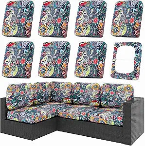 hyha 8Pcs Patio Cushion Covers, Stretch Outdoor Couch Cushion Covers Replacement, Washable Outdoor Chair/Sofa Slipcovers for Patio Furniture Cushions Protector with Elastic Bottom(Paisley,Cover Only)