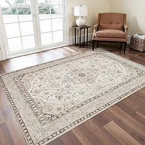 4x7 Rug Entryway Washable: Oriental Area Rugs for Kitchen - Ultra Thin Low Pile Stain Resistant Carpet - Home Decor for Vintage Style Lover (4x7 Ivory/Multi)