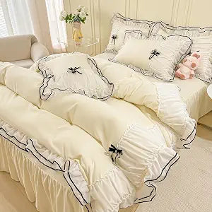 IHOUSTRIY Kid's Twin Comforter Set Cream Yellow, 2pcs(1 Princess Comforter & 1 Pillowcases) All Season Soft Ruffle Beddding Set with Bowtie Lightweight Bedspread Blanket Quilt Gifts